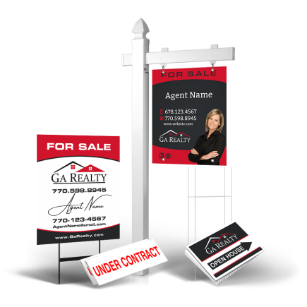 Grand Slam Package GA Realty : 6' Post, Two-Sided 24"x30" Panels, Directionals, Stakes, Clip-Ons