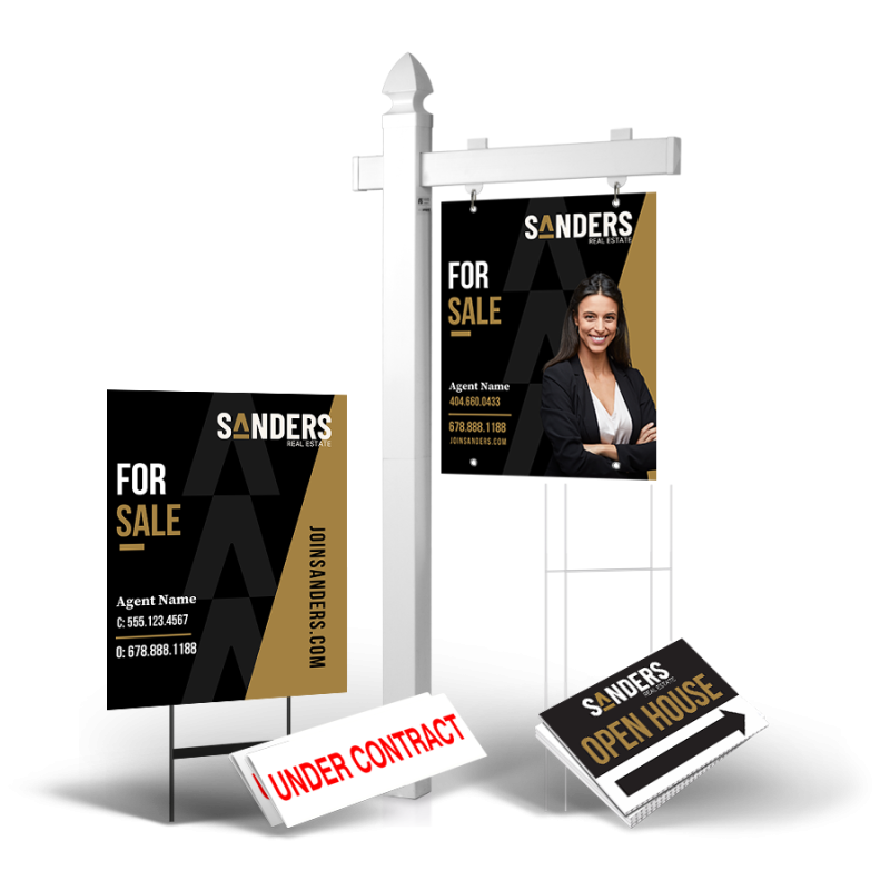 Grand Slam Package Sanders Real estate : 6' Post, Two-Sided 24"x30" Panels, Directionals, Stakes, Clip-Ons