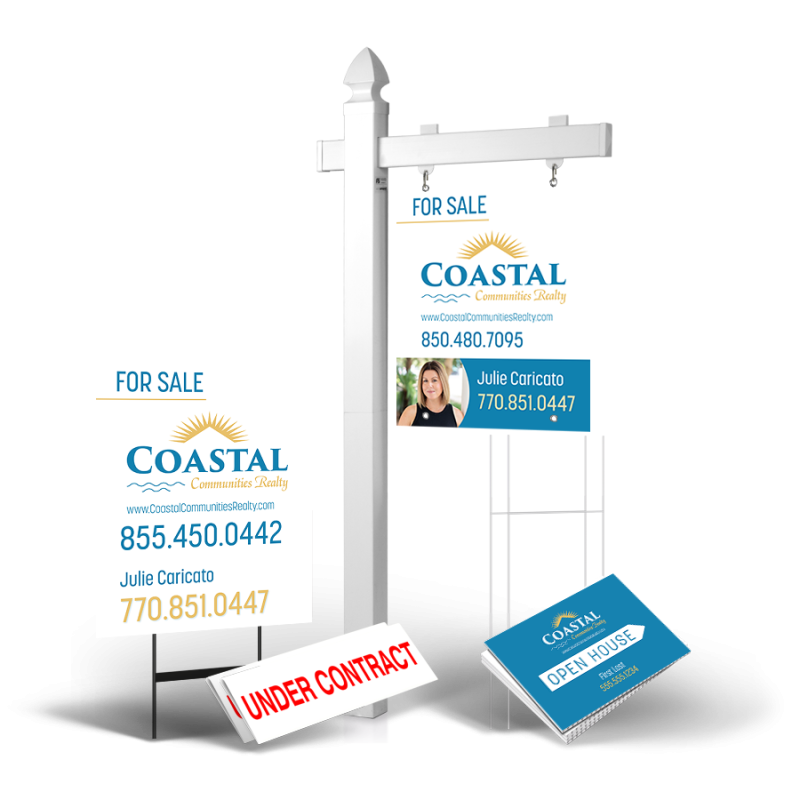 Grand Slam Package Coastal Communities Realty: 6' Post, Two-Sided 24"x30" Panels, Directionals, Stakes, Clip-Ons