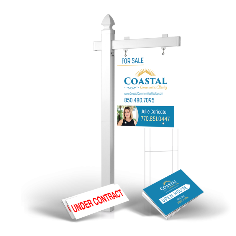 Homerun Pkg:6'Easy Arm Post,24"x30"Styrene Panel,4Coroplast Directionals,4Step Stake Stands for Coastal Communities Realty