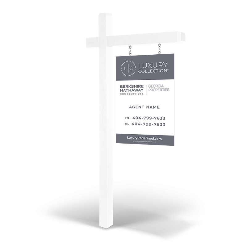 BHHS GEORGIA PROPERTIES REFLECTIVE PLATINUM 2X3 HANGING ALUMINUM PANEL WITH WOOD ARMPOST / INSTALLATION AND REMOVAL INCLUDED
